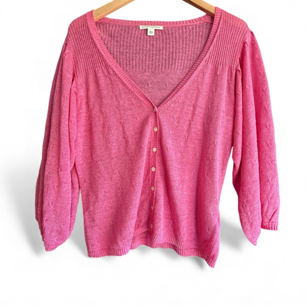 Banana Republic Guava Barbie Pink Linen Blend Puff Sleeve Cardigan | Large